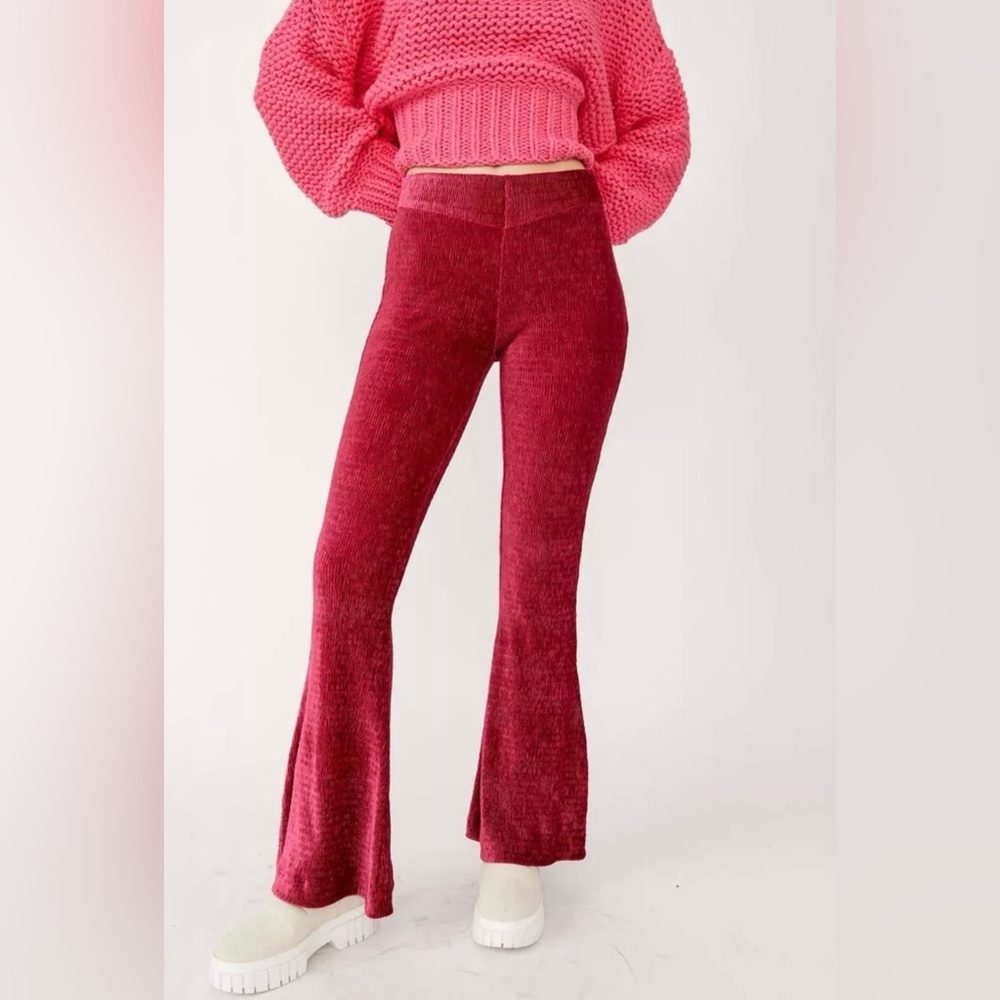 Free People So Charming Velvet Flare Pull-On Pants Size XS BurgundyRed
